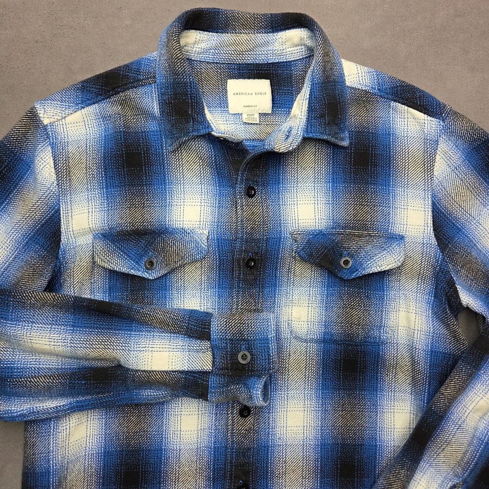 American Eagle Mens Medium Classic Fit Flannel Shirt Blue Black Plaid Cotton M